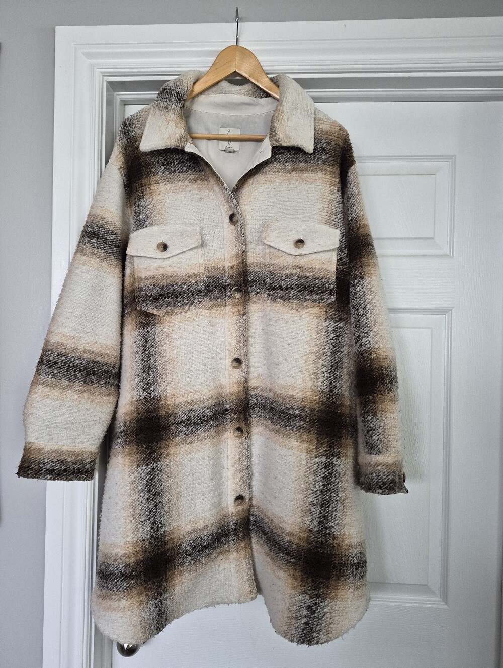 Joie Cream, Brown & Black Plaid Shacket Cape